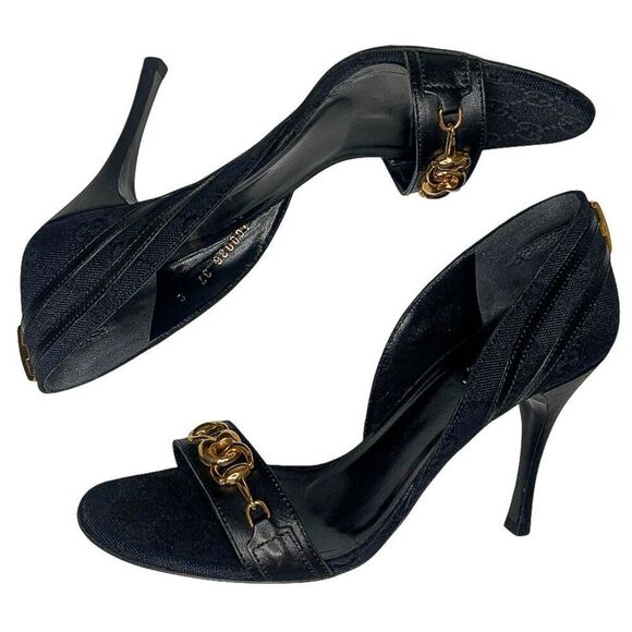 Gucci Black Monogram D’Orsay Heels Size 37C Gold Horsebit Chain Detail Authentic - Picture 7 of 12